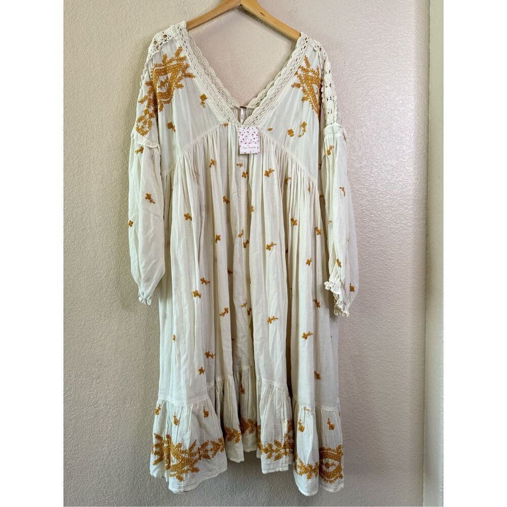 Free People Cream Midi Dress with Gold Embroidery